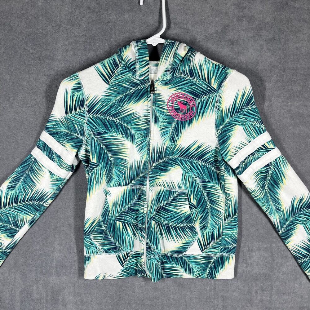 Abercrombie Kids Hoodie 11/12 White Palm Leaf Fleece Lined Short Sleeve Full Zip